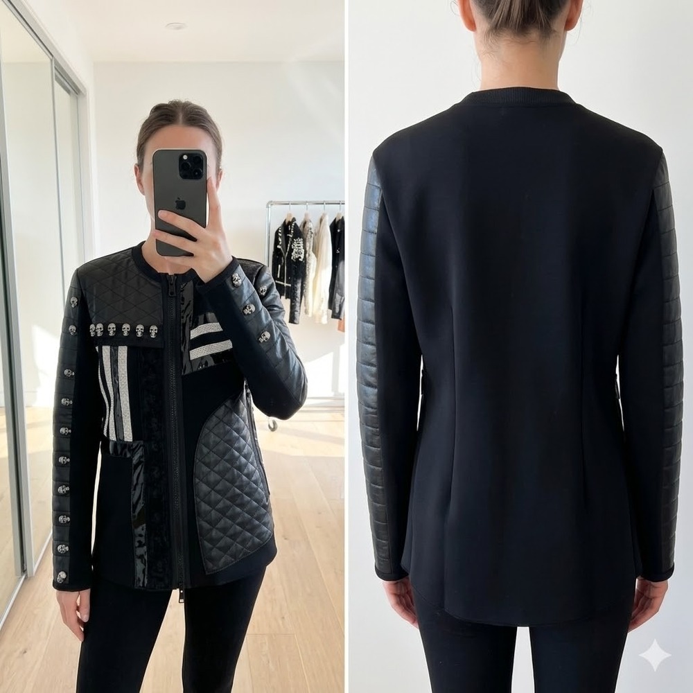 Lankova Womens Mixed Media Skull Studded Rhinestone Bomber Jacket Black Gothic